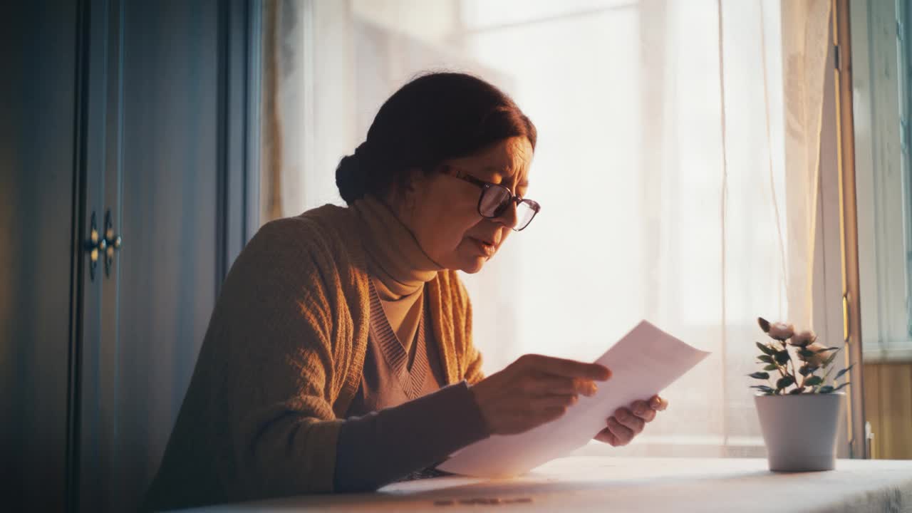 年长的女人读着一封坏消息的信，哭着，债务和贫穷视频素材