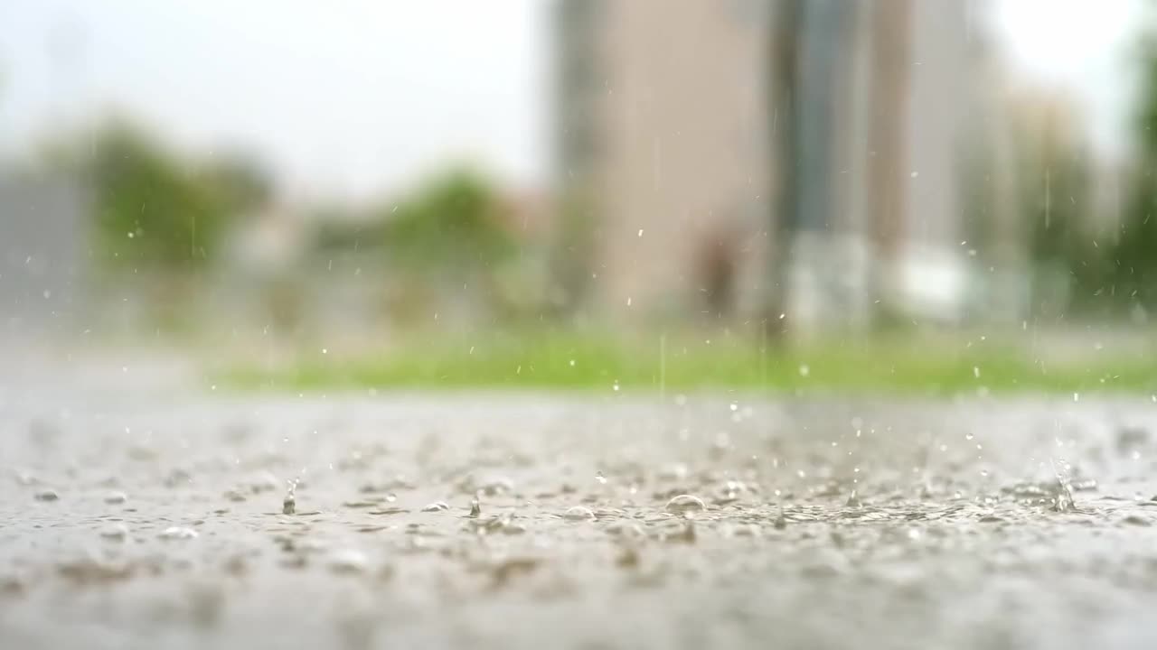 一个城市暴雨的大气视频。大雨和溅起的水坑从低点拍摄。视频素材