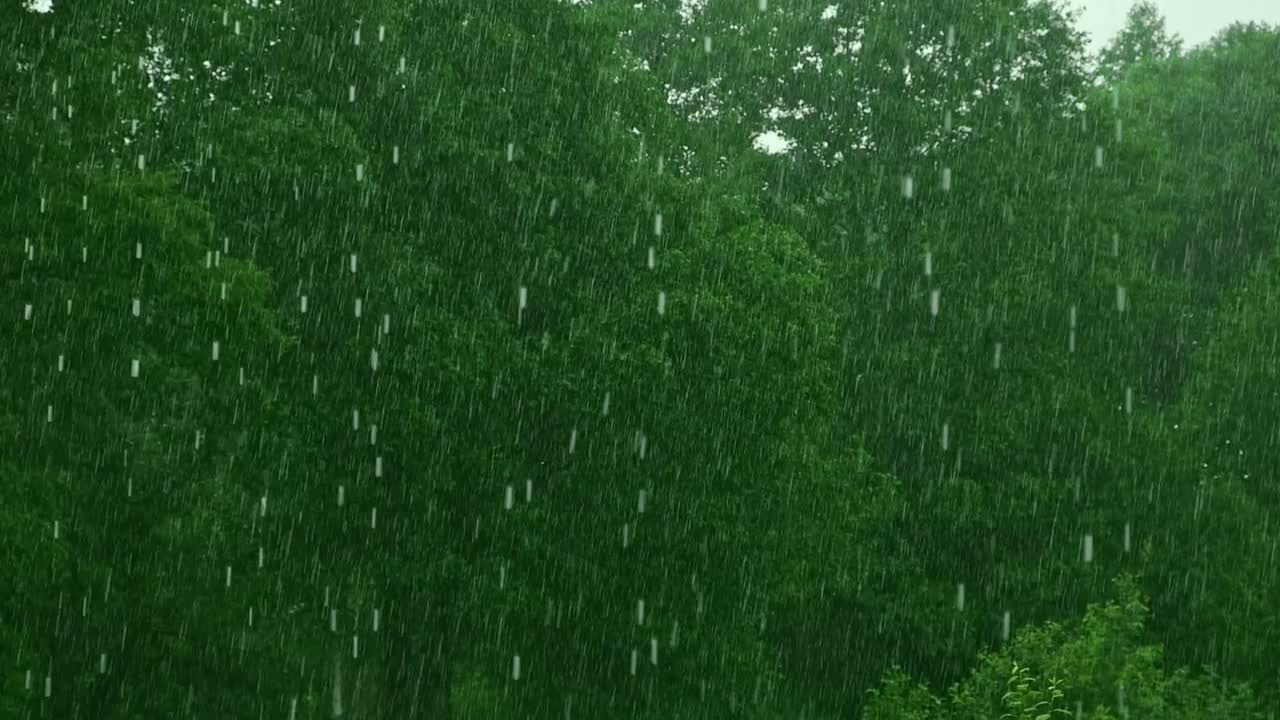 大雨。绿树上的夏雨，草地背景。特写镜头。森林里的雨天。多雨的天气。热带暴雨。抽象的自然背景。极端天气状况。冰雹和雨。阳光视频素材