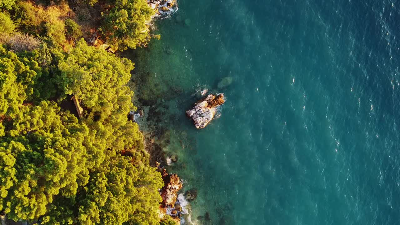 俯瞰克罗地亚海岸的鸟瞰图，树木和石头与大海相遇视频素材