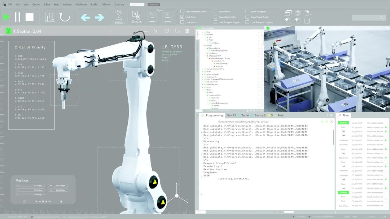 模拟用户界面机器人手臂工厂生产制造软件。概念屏幕替换:3D软件显示移动机械臂的生产过程。技术研发视频下载