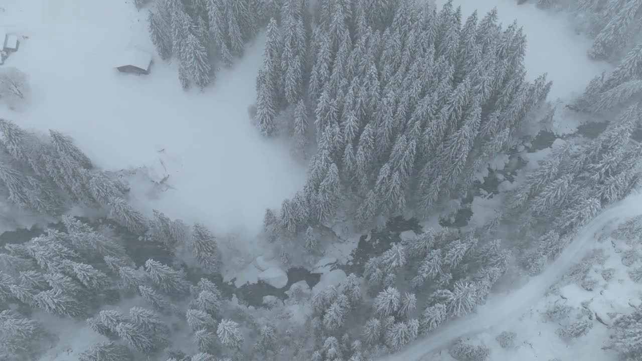 无人机捕捉到瑞士加德门蜿蜒小溪上迷人的降雪。从空中俯瞰，展现了冬季景观的宁静之美。视频下载