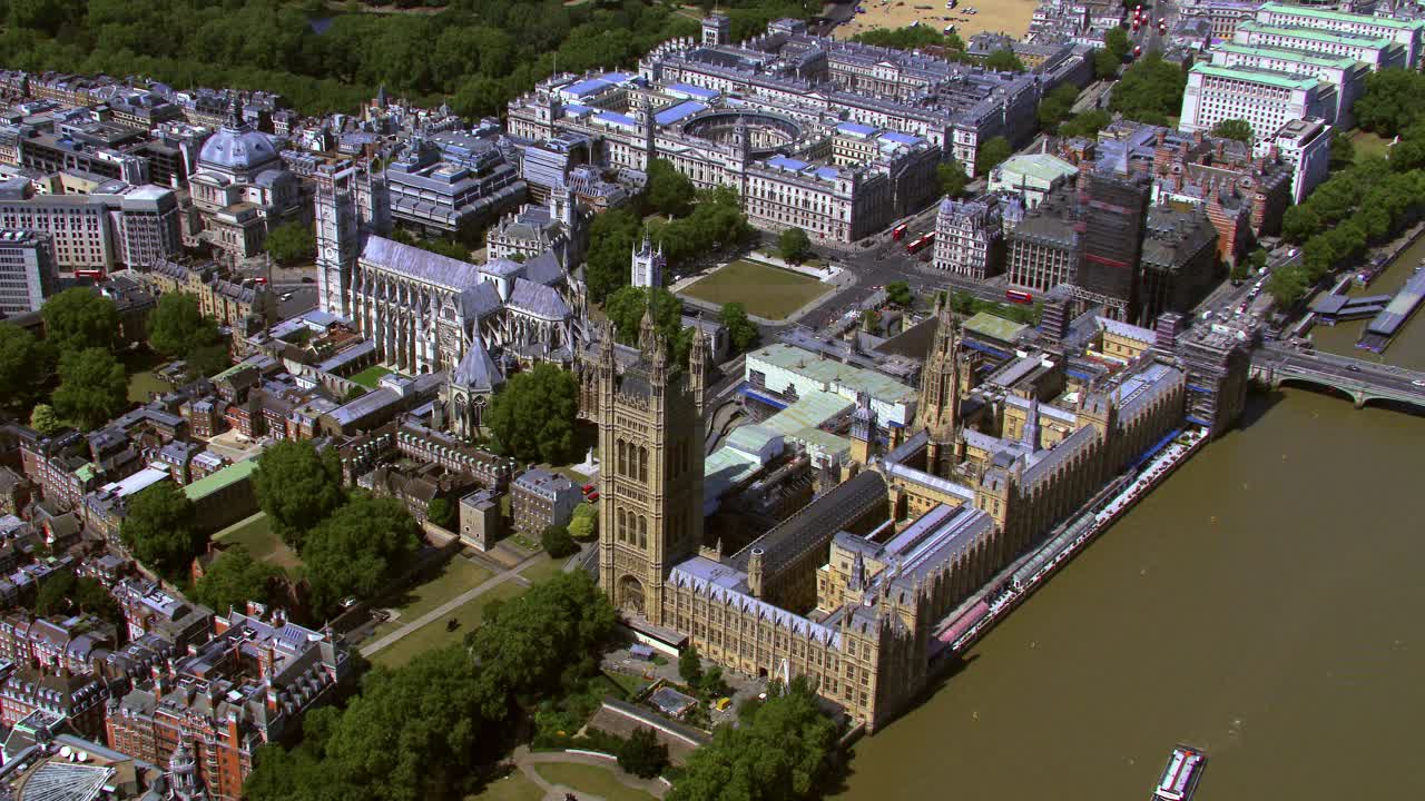 英国伦敦议会大厦鸟瞰图。4 k视频下载