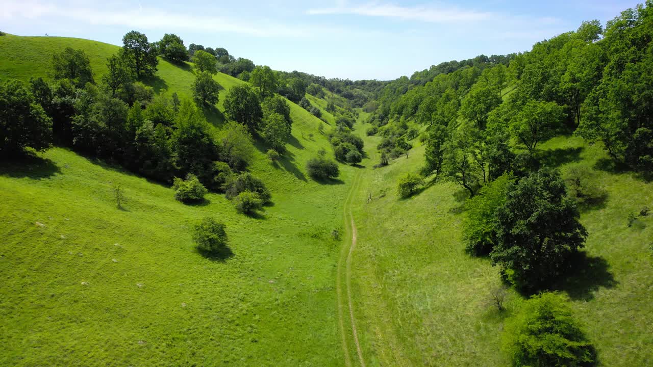 一架无人机在两座绿树成荫的小山之间的山谷上空飞行视频素材