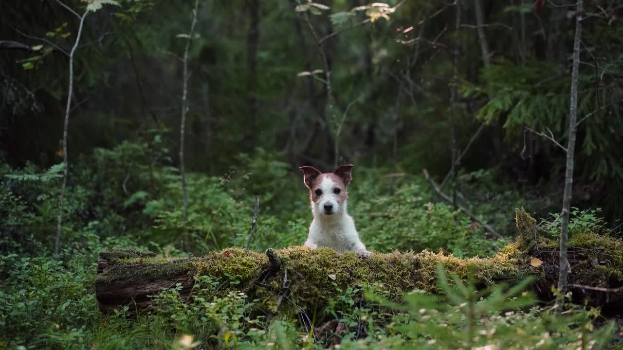 杰克罗素梗犬在森林里探索一根长满青苔的原木，一幅冒险的画面。视频素材