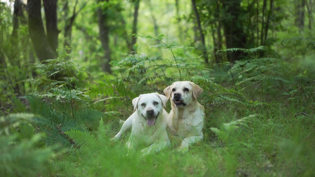 两只拉布拉多猎犬坐在郁郁葱葱的蕨类植物中，它们的表情捕捉到了大自然拥抱中陪伴和好奇的本质视频素材