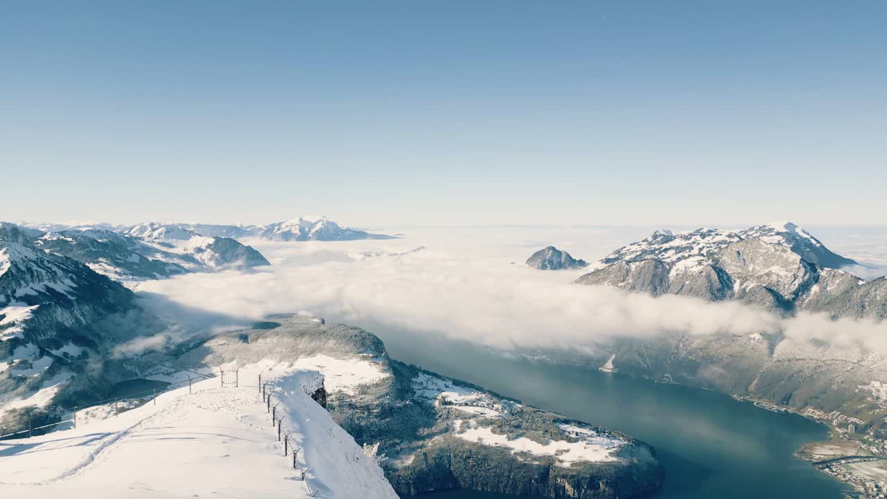 冬季美景鸟瞰斯托斯的Fronalpstock，滑雪者在斜坡上。瑞士视频下载