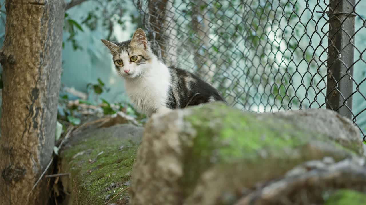 一只流浪小猫小心翼翼地凝视着铁链栅栏旁长满青苔的岩石，这是城市野生动物的典范。视频素材