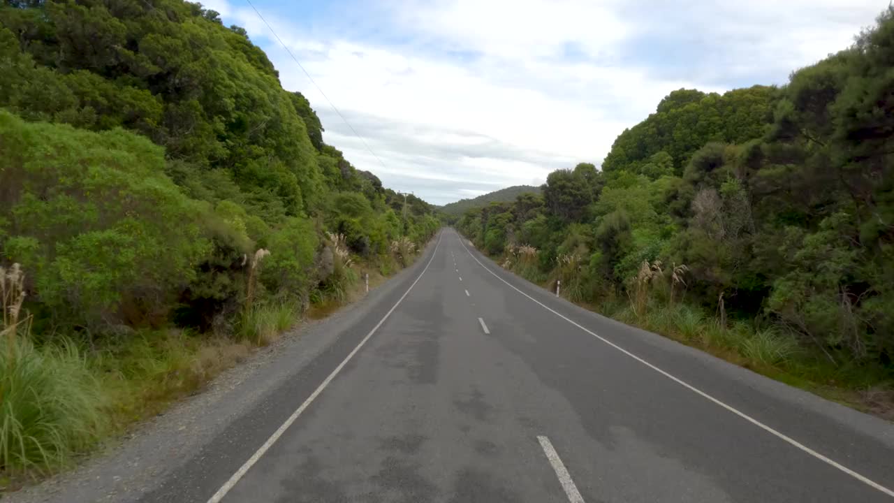 南岛，新西兰-沿着高速公路在卡特林斯地区，被丰富的郁郁葱葱的绿色植物包围- POV视频素材