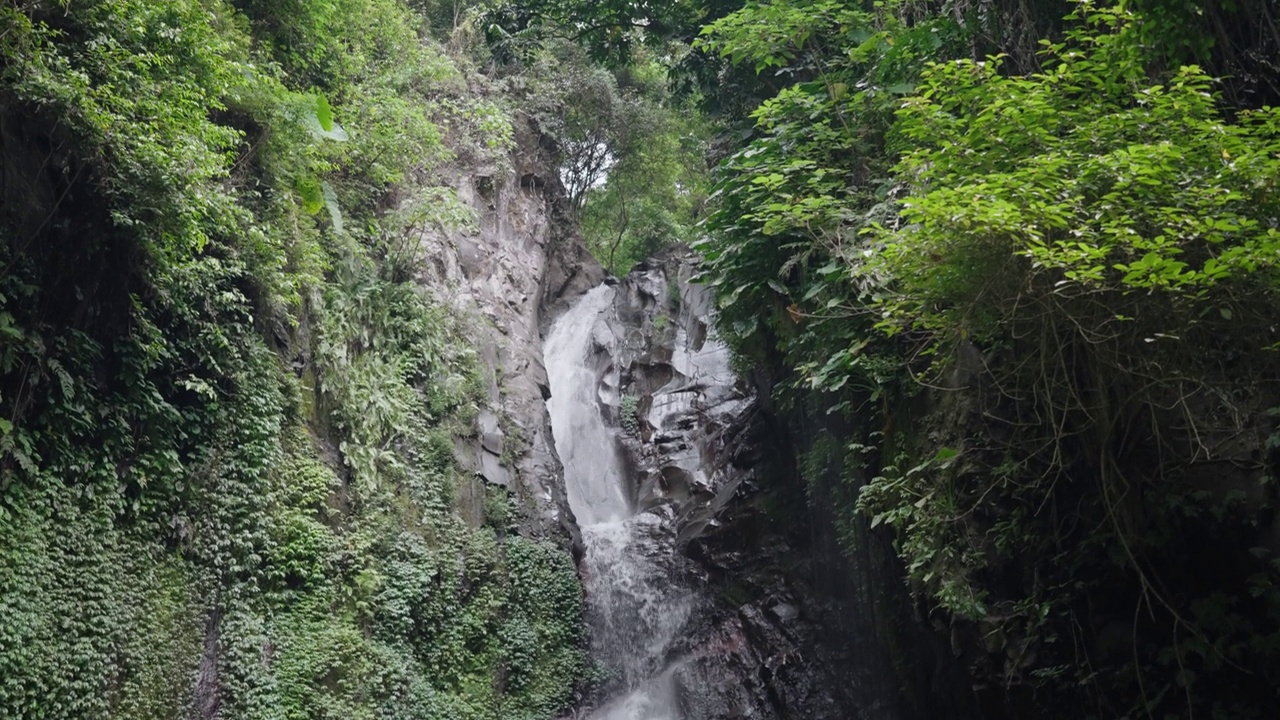 瀑布(Yeh Mempeh或飞瀑)在Tejakula村，Buleleng，巴厘岛-隐蔽的瀑布被雨林包围，悬崖上长满了绿色的热带植物视频素材