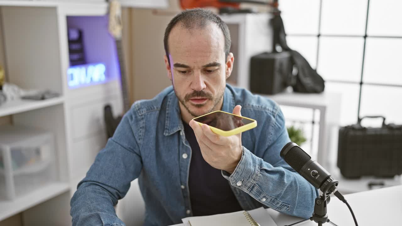 西班牙秃顶男子在现代录音棚用麦克风录音视频素材