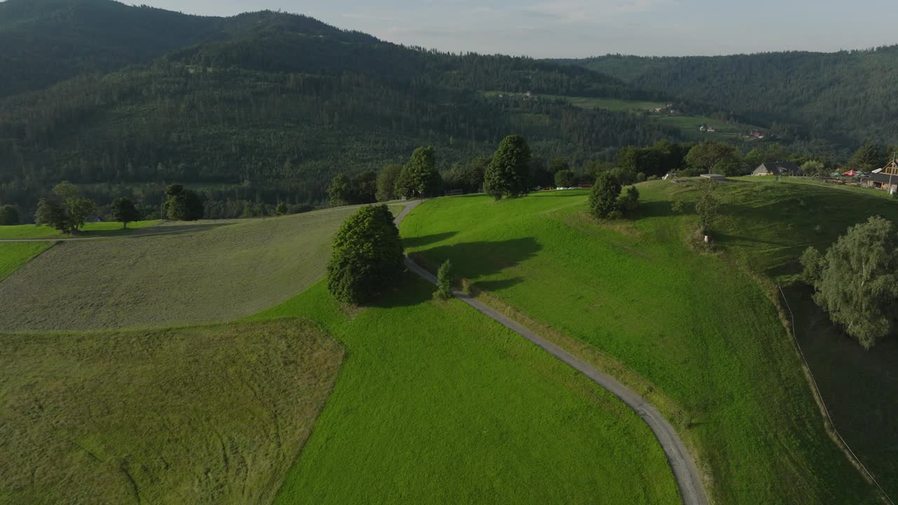 鸟瞰波兰贝斯基底山脉风景如画的郁郁葱葱的起伏山坡视频素材