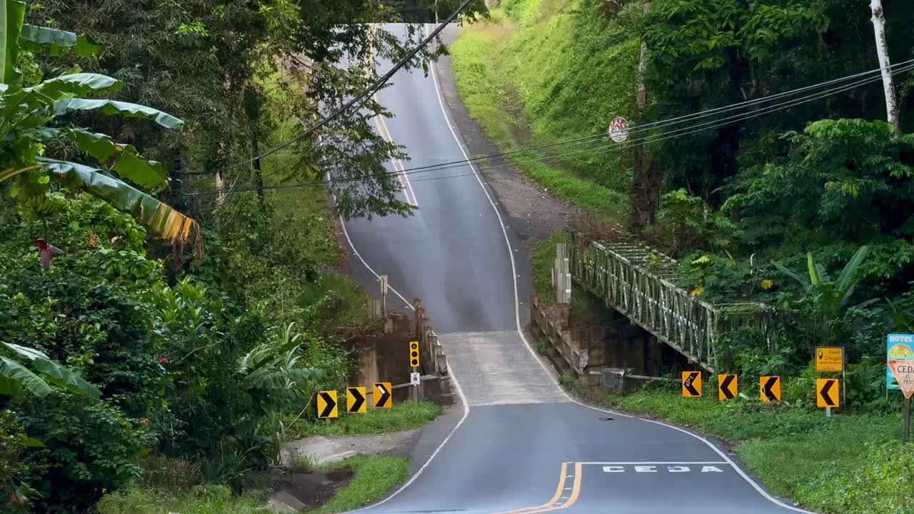 车辆行驶在哥斯达黎加曼萨尼约的丛林道路上视频下载