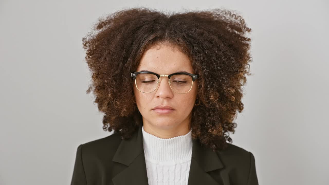 烦恼的西班牙裔女人，卷发遮住耳朵，痛苦的表情，因为大声的噪音而紧张。孤立地站在白色背景上——聋人手势概念。视频素材