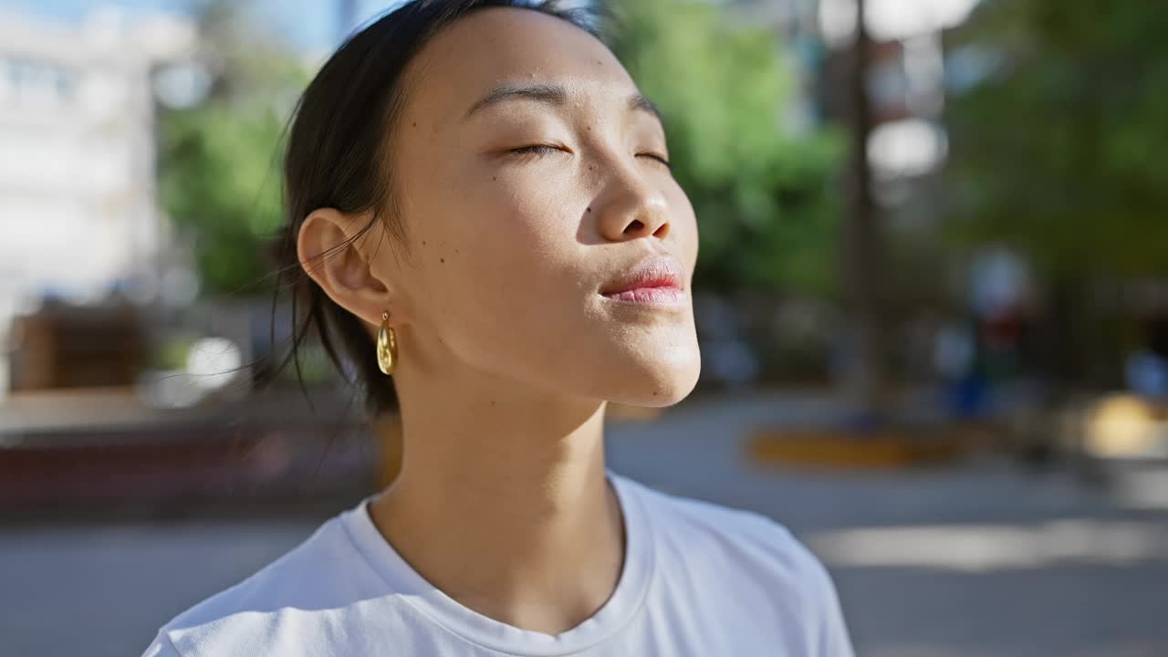 一位年轻的亚洲女子闭上眼睛，在一个宁静的城市公园里享受阳光。视频素材