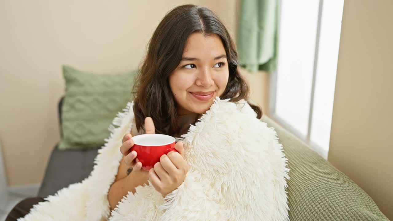 一个放松的年轻西班牙妇女在家里享用咖啡，在沙发上裹着舒适的白毯子。视频素材