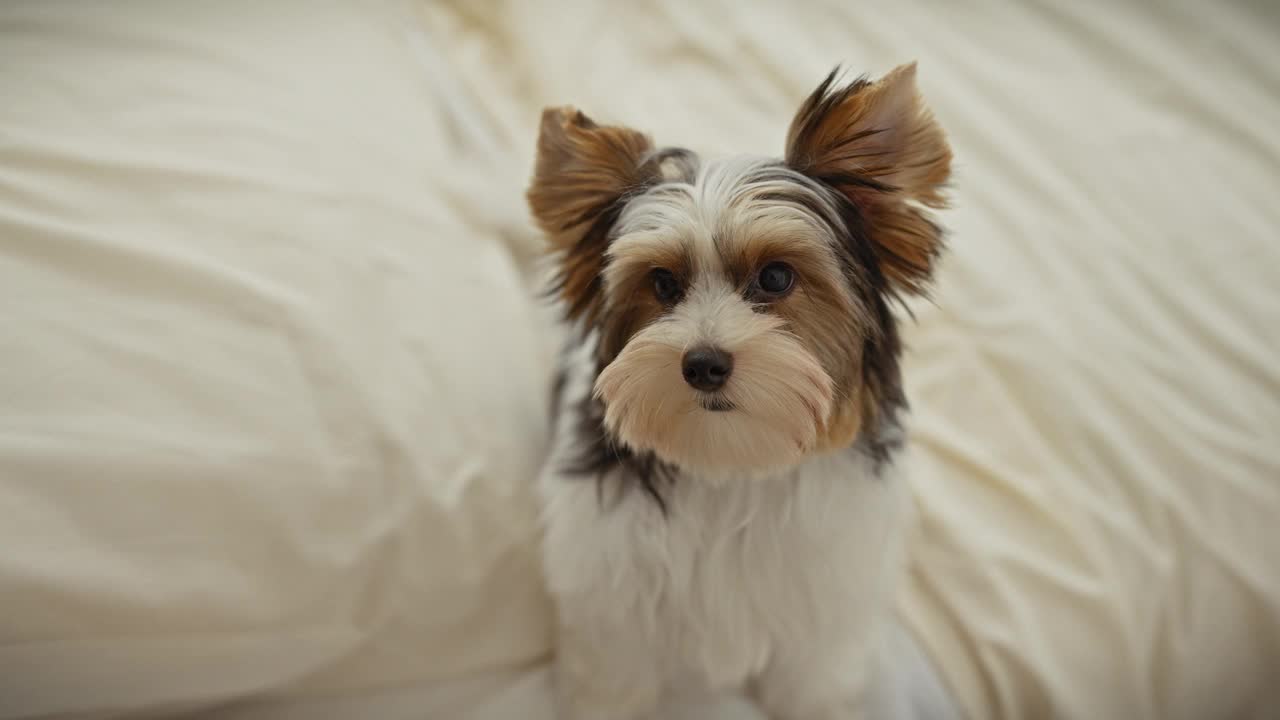 一只小猎犬坐在家里的床上，好奇地抬头看，背景是智能手机。视频素材