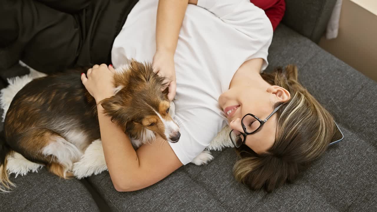 一位开朗的年轻西班牙妇女在舒适的客厅里享受与她的sheltie狗的亲密时光。视频素材