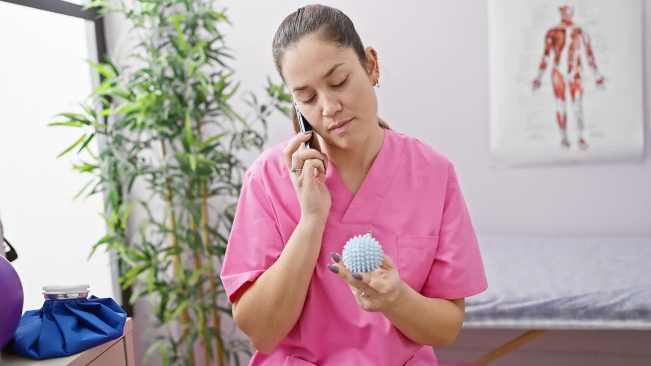 诊所内，穿着磨砂服的职业妇女一边打电话一边检查按摩球视频素材