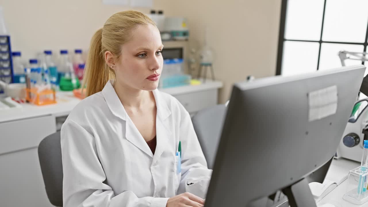 心烦意乱的年轻女子，一个穿着制服的金发科学家，对着实验室里的电脑问题皱着眉头——怀疑而紧张视频素材