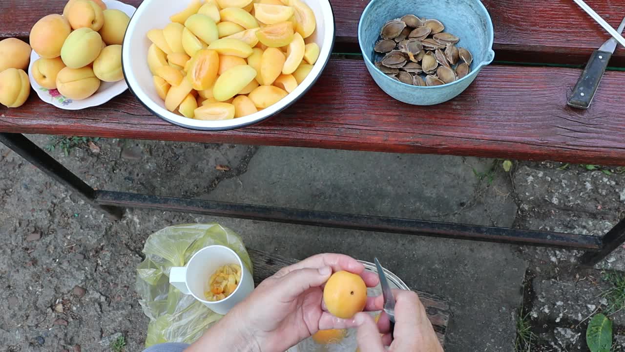 人们在餐桌上用果盘削杏皮，准备烹饪活动自制果酱视频下载