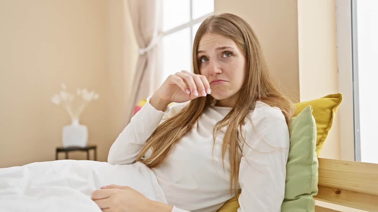 穿着睡衣的金发女郎，一个年轻女子坐在床上，独自一人在卧室里哭泣，表达着担心和愤怒视频素材