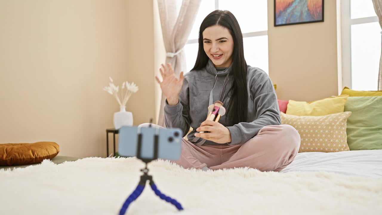 西班牙女子在舒适的卧室里用智能手机记录化妆教程。视频素材