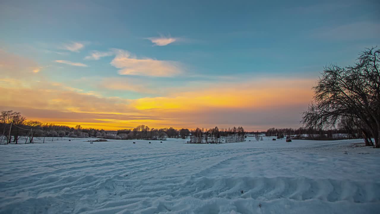 日落过渡梯度下的雪林，乡村偏远地区的土地被白色覆盖，天空从橙色粉金色变成深蓝色，全景建立镜头视频素材