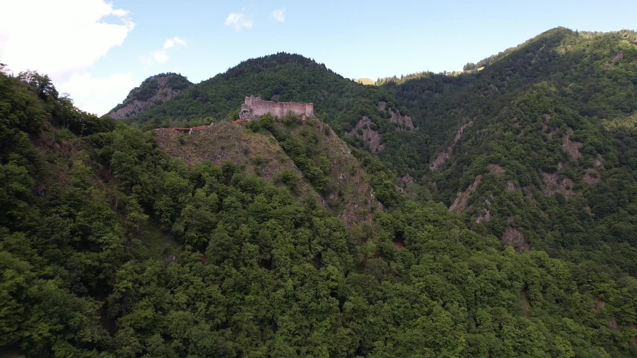 历史悠久的poenari城堡在郁郁葱葱的绿色，鸟瞰图视频素材