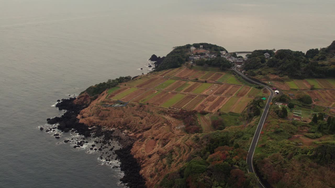 在日落日本旅游目的地的京探戈岩石景观，俯视图建立拍摄的海滨稻田半岛空中无人机视图视频素材