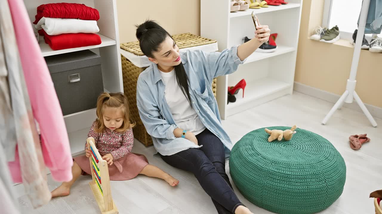 在一间摆满鞋子和衣服的舒适更衣室里，一位女士在自拍，而她的女儿在玩算盘。视频素材