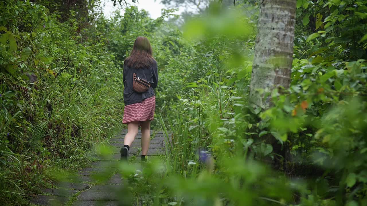 走在雨林中的女人视频素材