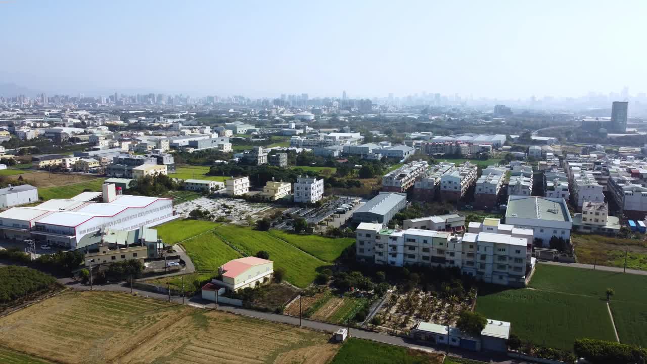 广阔的郊区景观，住宅区和工业区混合，天空晴朗，鸟瞰图视频素材