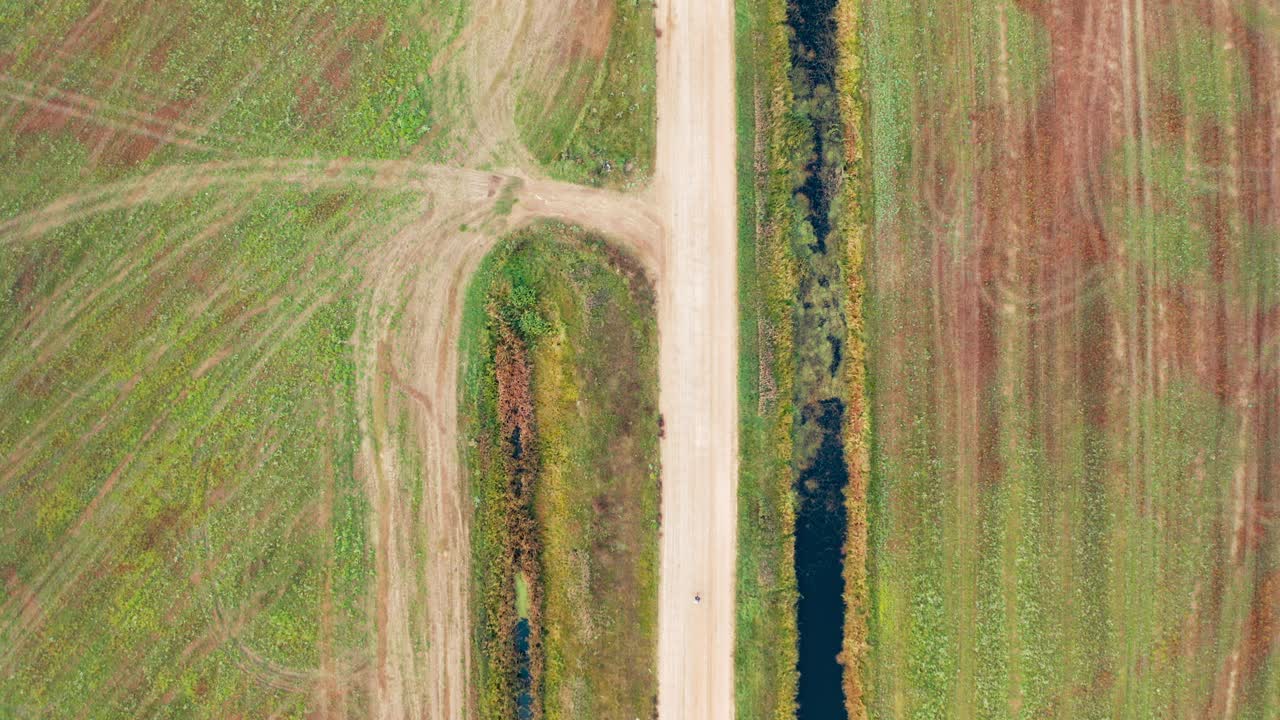 空中冒险:徒步旅行者在河边、田野和大自然的沙地小径上行走视频素材