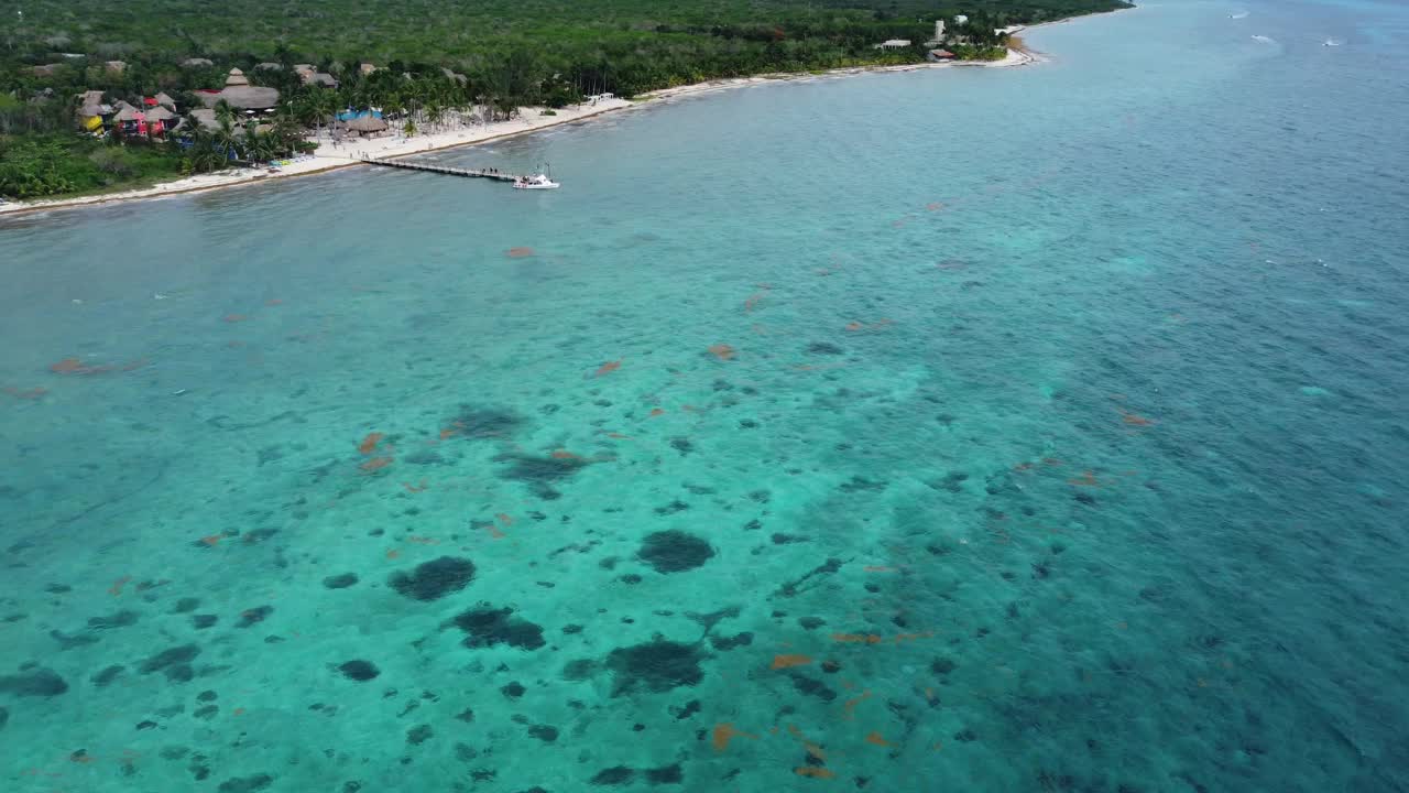 科苏梅尔海岸线上碧绿的海水，船只和热带树叶，鸟瞰图视频素材