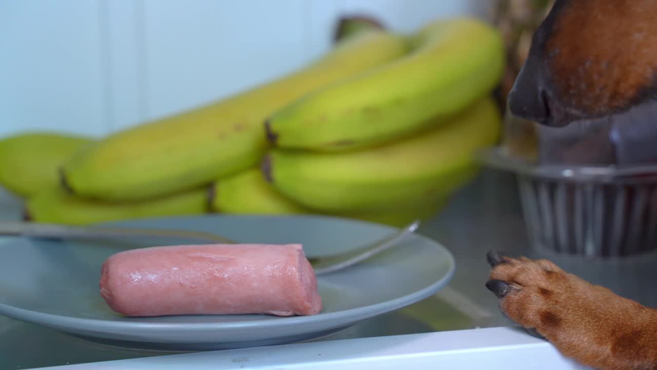 狗从架子上的盘子里偷了一根香肠。宠物从架子上偷食物。视频素材