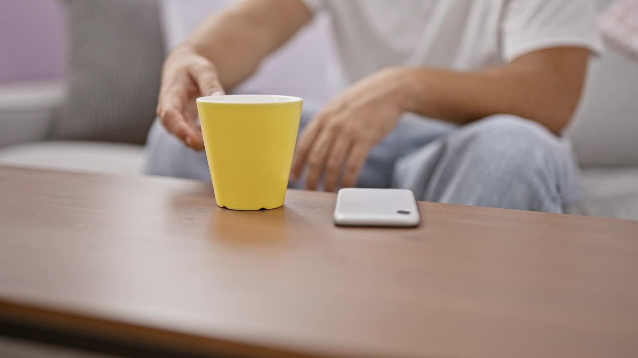 蓄着胡子的西班牙裔男子在室内用智能手机和黄色马克杯享受休闲时光。视频素材