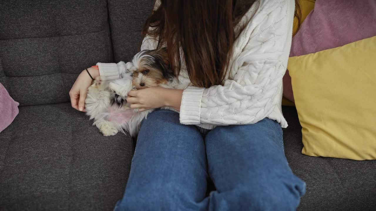 一位身着休闲装的年轻女子和她的小猎犬在室内舒适的沙发上享受着安静的时刻，沙发周围是五颜六色的枕头。视频素材