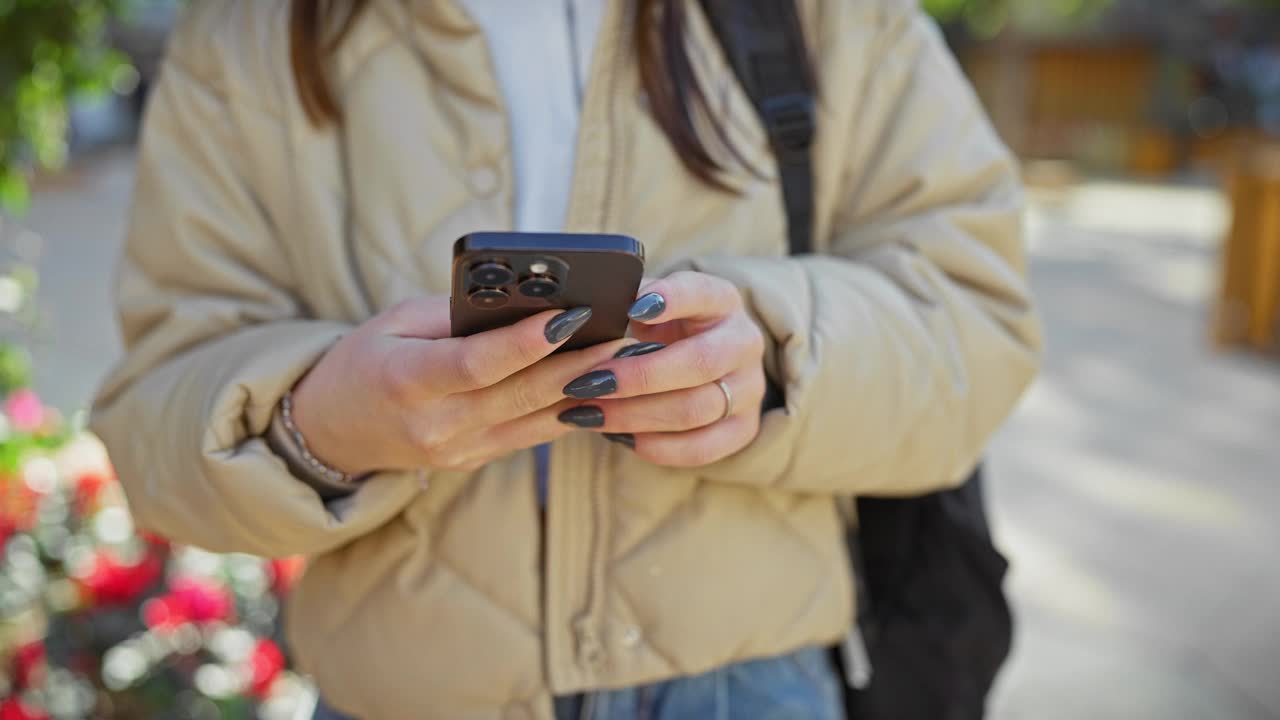 在阳光明媚的公园里，一名年轻女子微笑着用手机聊天视频素材