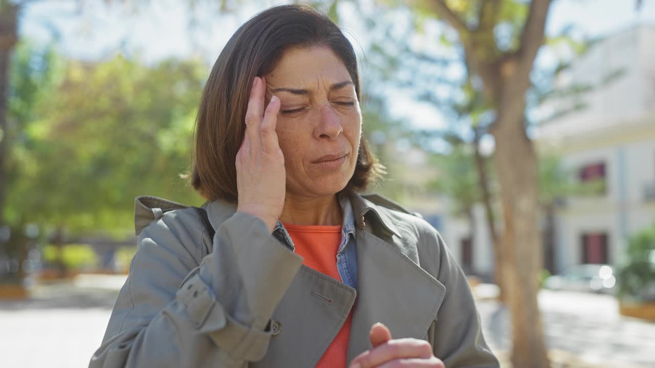 门外一位西班牙裔中年妇女闭着眼睛，双手放在太阳穴上，显得很紧张视频素材