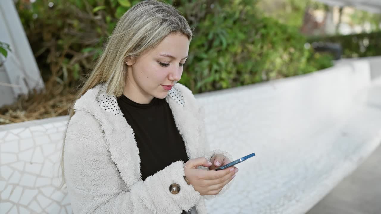 一位身穿白色夹克的金发女子坐在户外，靠着茂密的树叶发短信。视频素材