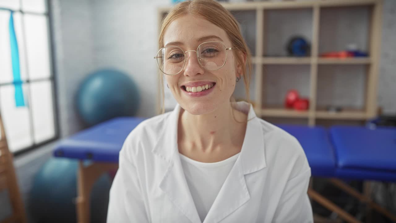 戴眼镜的微笑女子站在理疗诊所的房间里，手里拿着运动器材。视频素材