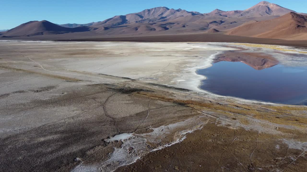 位于智利北部卡拉科特山脉的高海拔盐湖泻湖视频素材