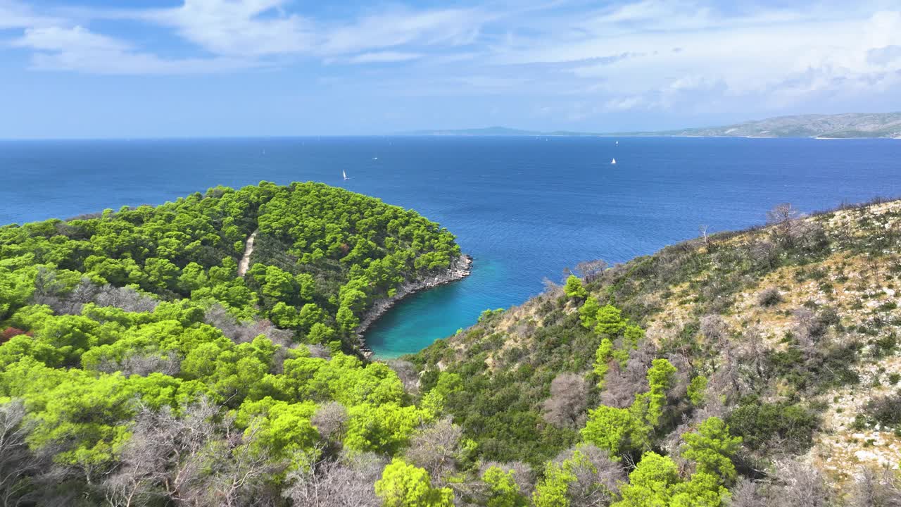 航拍:绿松石海水环绕的幽静海湾。视频素材