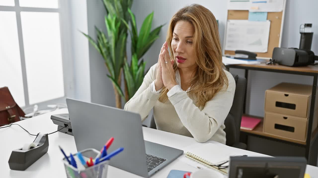 一名西班牙裔女性在办公室里通过视频通话进行交谈，展示了她的专业性和专注度。视频素材