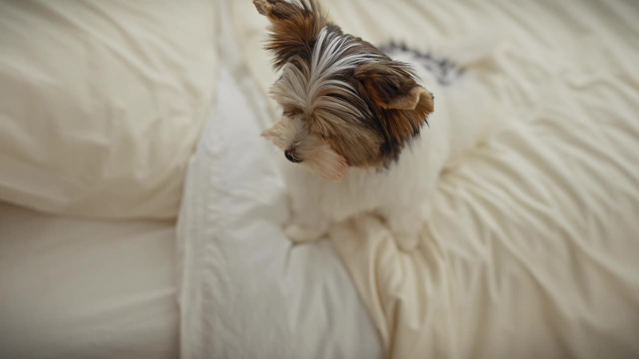 在室内灯光柔和的卧室里，一只小猎犬全神贯注地坐在舒适的奶油色床上，展示着家的温暖。视频素材