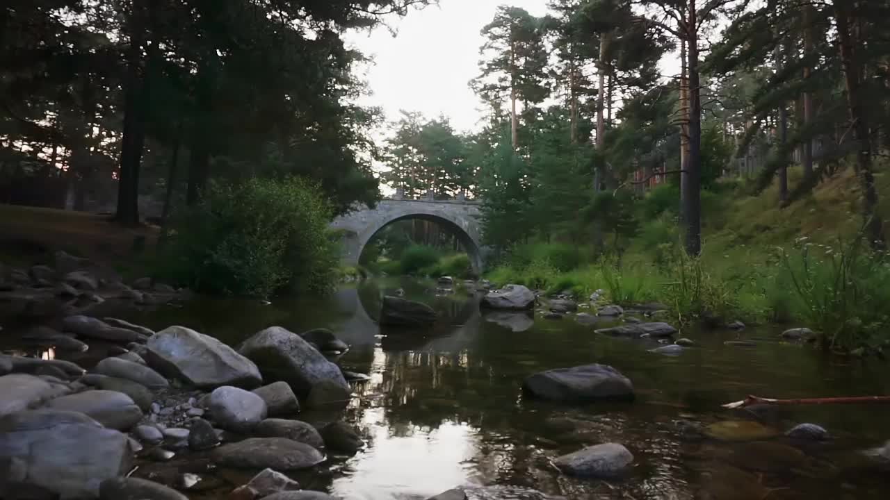 田园诗般的石桥映照在绿树环绕的河水中视频素材