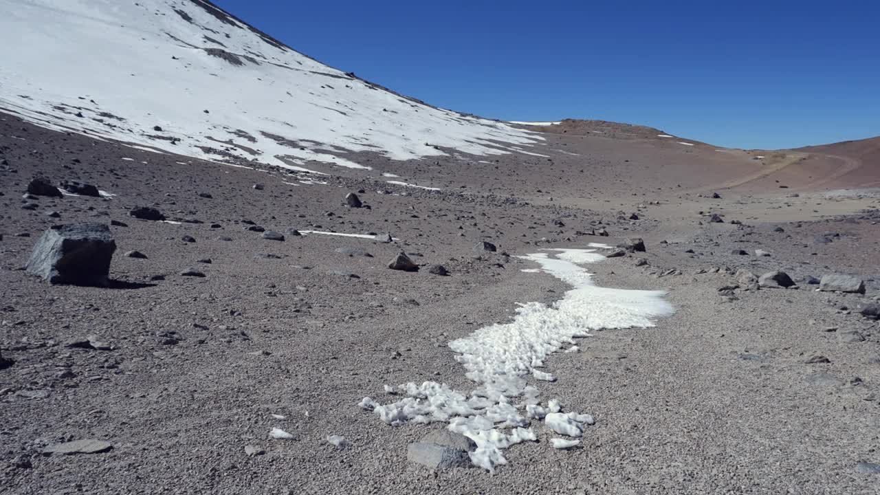 徒步旅行者走在智利安第斯山脉贫瘠的白雪皑皑的高山高原上视频素材