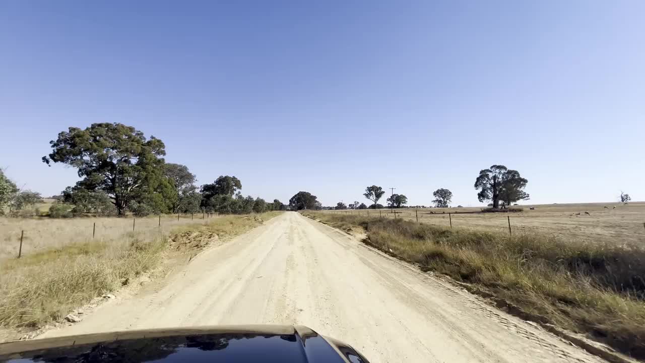 在新南威尔士州的亚斯地区，一条土路一直延伸到远处，显示出广阔的农田视频素材