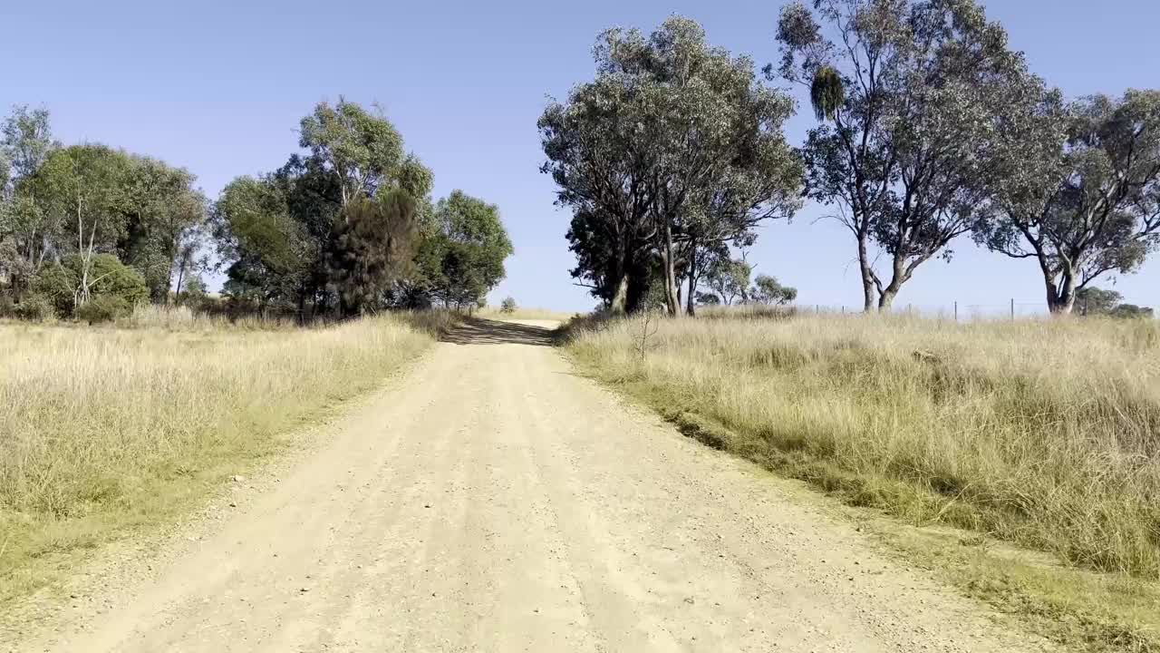 在新南威尔士州的亚斯地区，一条土路一直延伸到远处，显示出广阔的农田视频素材